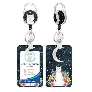 Imagem de Porta-crachá de identificação de flor de gato preto com clipe de molinete de lua retrátil resistente, chaveiro, cartão de identificação para mulheres, enfermeiros, professores, funcionários de