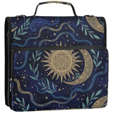 Imagem de Organizador de fichário grande com zíper, 3 anéis, 3 anéis, sol, lua, vintage, escuro, estojo com alça para fichários escolares com alça de ombro, 34,5 x 31,5 x 9 cm