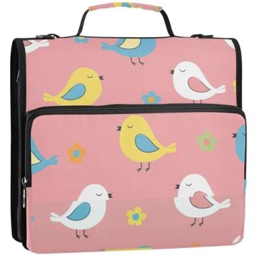 Imagem de 3 fichários para fichários de 3,88 cm Anel D fofo pássaros rosa organizador com zíper bolsa escolar com alça de ombro básica vários bolsos pasta grande para portfólio, 34,5 x 31,5 x 9 cm