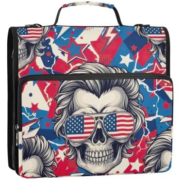 Imagem de Organizador de fichário de negócios com zíper de 3 cm, 3 anéis, portfólio e estojo de cabelo estilo crânio, suporte de pasta de anel, bolsa escolar com alça de ombro, 34,5 x 31,5 x 9 cm