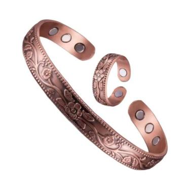 Imagem de Pulseira magnética vintage flor anel pulseira conjunto pulseira ajustá