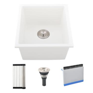 Imagem de BoomHoze Pia de cozinha branca sob montagem, 48 x 48 cm, pia de cozinha composta de granito quadrado, tigela única de quartzo com combo de escova pequena para rodo