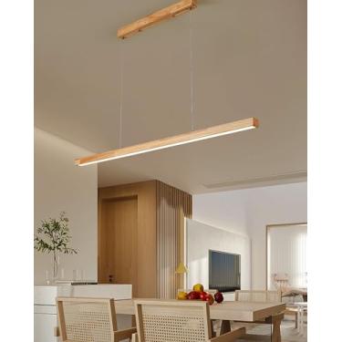 Imagem de Luminária pendente linear com controle remoto, luminária pendente LED para mesa de jantar em madeira com intensidade ajustável, design linear, lustre com altura ajustável para sala de jantar