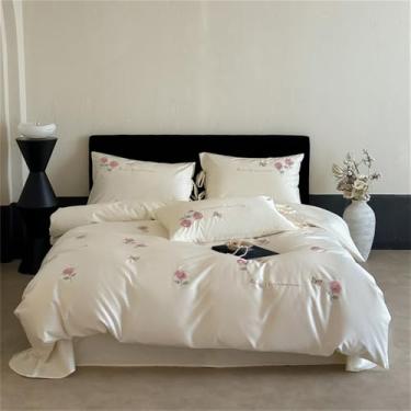 Imagem de Jogo de cama de algodão com bordado de rosas e borboletas, capa de edredom, lençol de cima e de baixo com elástico, cor creme, tamanho King (220x240cm), 4 peças