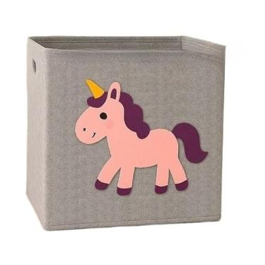 Imagem de Caixa Organizadora Dobrável Feltro 35x35 | Cesto para Brinquedos Infantil Estampa Animais Linda Top (UNICÓRNIO CINZA)