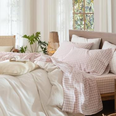 Imagem de MooMee Jogo de lençol guingão 100% linho de algodão lavado, texturizado, respirável, macio com bolso profundo de 40,6 a 48 cm (rosa cinza guingão clássico, Queen)