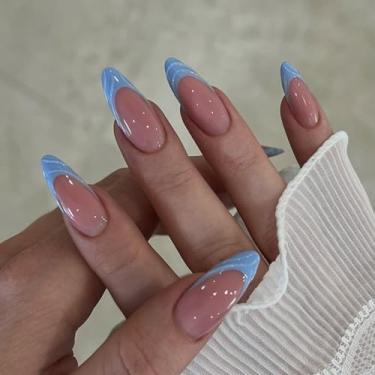 Imagem de Unhas postiças de amêndoa média azul francesa com cobertura completa simples Desien cola acrílica falsa em bastão para mulheres, 30 peças