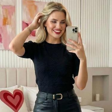 Imagem de Blusa Tricot Modal Losango Manga Curta - Vitrine Collection, U, Preto