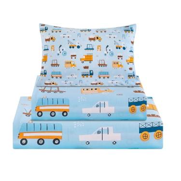 Imagem de Viviland Jogo de lençol solteiro com 3 peças de microfibra macia para meninos e caminhões azuis - Jogo de cama com elástico de microfibra macia - para crianças e crianças pequenas