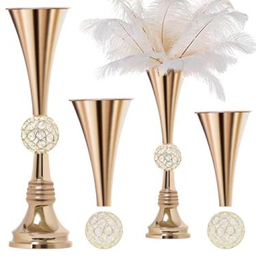Imagem de VIJIV Vaso de flores de luxo dourado de 56 cm para centros de mesa de casamento - Vaso de metal geométrico alto embutido em cristal para penas, decoração de mesa resistente à ferrugem para festa