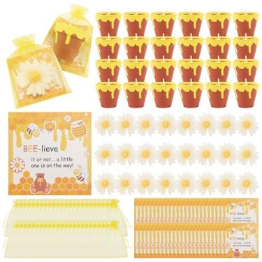 Imagem de SRCVYLT Conjunto de 48 velas temáticas de abelha para chá de bebê, lembrancinhas de festa fofas com etiquetas de agradecimento, sacos de organza, velas de margarida, presentes de chá de bebê
