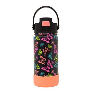 Imagem de Hydraflow Garrafa de água infantil híbrida com tampa de canudo flip e bota – Garrafa de água isolada a vácuo de parede tripla (400 ml, borboletas), garrafa térmica de metal de aço inoxidável, reutilizável à prova de vazamento e livre de BPA