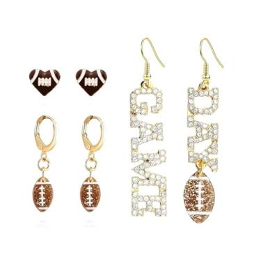 Imagem de Brincos de futebol para mulheres, 3 pares de brincos de strass, presentes brilhantes de dia de jogo para fãs, joias de festa de campeonato para ela