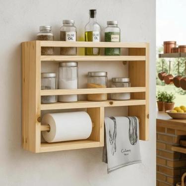 Imagem de Suporte Rolo Papel Toalha, Alumínio Porta Temperos De Parede Madeira P