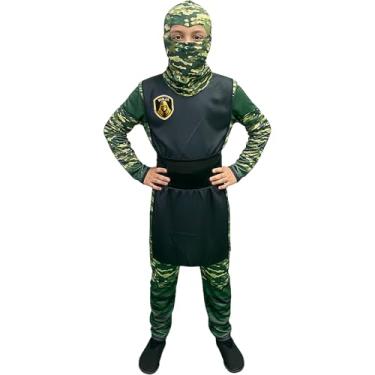 Imagem de Fantasia Infantil Ninja Camuflado Militar Criança Com Capuz E Máscara Carnaval Festa Halloween (Verde, M 5-8)