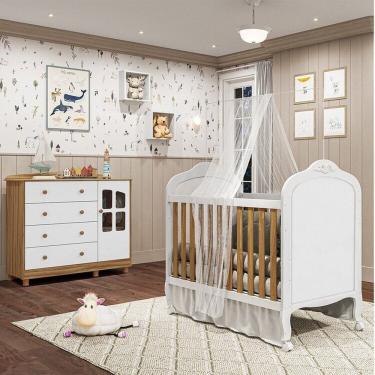 Imagem de Quarto de Bebê com Berço Mini Cama e Cômoda com Janela Maya Clássico Espresso Móveis Branco/Amêndoa