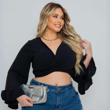 Imagem de Cropped De Amarrar Casual Com Decote Em V Com Manga Bufante - Donna Lu