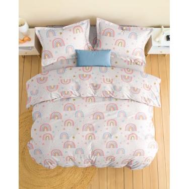 Imagem de Conjunto de capa de edredom infantil tamanho Queen - Conjunto de capa de edredom arco-íris de 3 peças e 2 fronhas com fecho de zíper e laços - Fácil de cuidar e não desbota - Conjunto de cama super