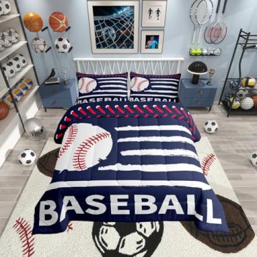 Imagem de Erosebridal Conjunto de edredom de beisebol, solteiro, esportivo, softball, para meninos, crianças, adolescentes, adultos, jogos de bola, azul marinho, moderno, com listras geométricas