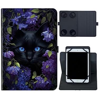 Imagem de Capa para tablet de 6 7 polegadas, capa universal para tablet eReader de 6 a 7 polegadas, suporte para tablet Kindle Series e-Reader de 7 polegadas, capa fólio com suporte giratório de 360 graus para visualização múltipla, flor de gato preta