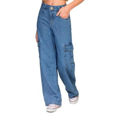 Imagem de Calça Jeans Menina Wide Leg Cargo Infantil Juvenil Feminino - Ewg Moda