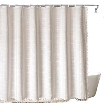 Imagem de Cortina de chuveiro boho de tecido texturizado de linho com borlas, cortina de banho de padrão geométrico pesado, impermeável e opaca, inclui ganchos, 182 x 182 cm, branco/bege/café (bege natural)