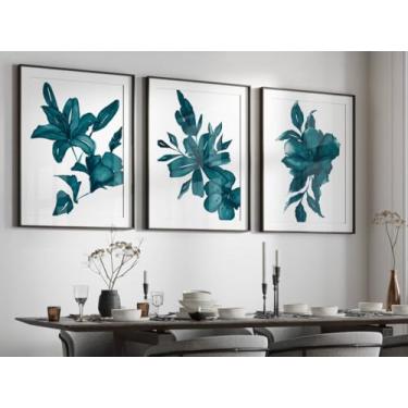 Imagem de Impressão de pôster de flor azul-petróleo 3 peças arte de parede pintura emoldurada para decoração de escritório sala de jantar corredor com moldura interna