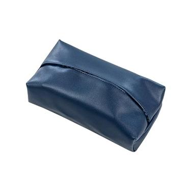 Imagem de Suporte de caixa de lenços caixa de lenços luxuosa sala de estar criativa nórdica retangular armazenamento de couro PU caixa de papel de bombeamento capa de caixa de lenços faciais (azul escuro)