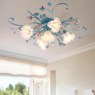 Imagem de Meixtrevar Luminária de teto para lustre de flores, lâmpada de teto rosa de cerâmica rosa claro com abajur de vidro, luminária de teto embutida para sala de estar, quarto, sala de jantar, corredor