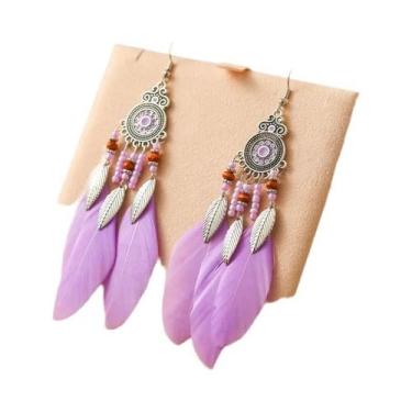 Imagem de Brincos De Plumas Boêmios Para Mulheres Com Contas De Madeira E Franja