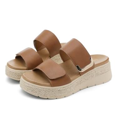 Imagem de UBFEN Sandálias femininas de plataforma de salto baixo, alpargata, confortável, suporte de arco, bico aberto, duas alças, elegante, casual, praia, verão, caminhada, sapatos, Marrom, 41