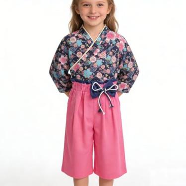 Imagem de Fantasia de quimono para meninas, conjunto de roupas de samurai para crianças, vestido de princesa japonês, fantasia de Halloween, cosplay, capa azul marinho