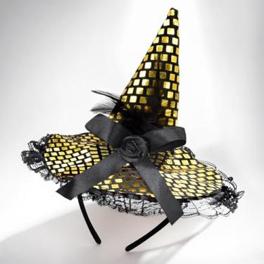 Imagem de ZeeDix Chapéu de penas de bruxa de Halloween dourado preto - acessório de cabeça de bruxa para fantasia de Halloween, suprimentos de baile de máscaras