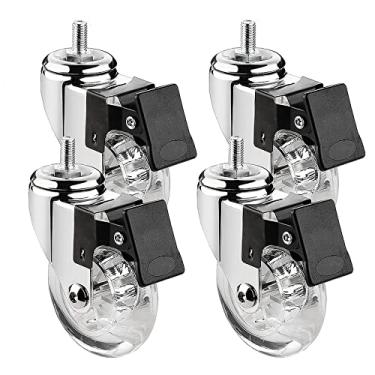 Imagem de Conjunto de 4 rodas giratórias de borracha PU transparente, tamanho de 7,6 cm, M8 x 15 mm, sem freio, perfeitas para móveis, carrinhos, camas de bebê - Rodízios de substituição de rolamento suave