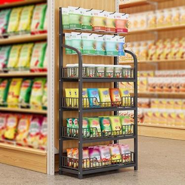 Imagem de Prateleiras de exibição de varejo para lanche doce/batata frita, prateleira de armazenamento de arame de farmácia de supermercado, prateleiras comerciais altas com gancho (cor: 4 camadas preto
