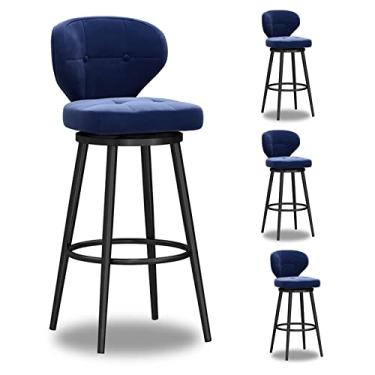 Imagem de Bancos de bar estofados de veludo moderno conjunto de 4, bancos de bar com altura de balcão com encosto e pernas de metal, cadeiras de jantar giratórias com apoio para os pés para ilha de cozinha, bar