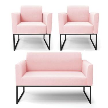 Imagem de Sofá Namoradeira Com 2 Poltronas Base Industrial Preto Marisa Suede Rosa Bebê
