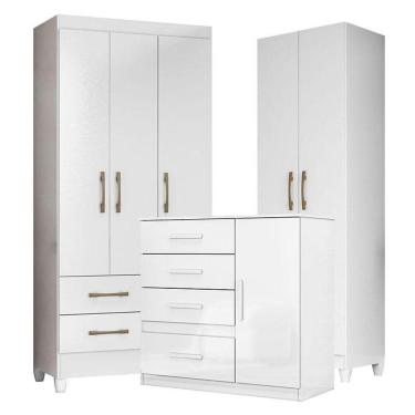 Imagem de Guarda Roupa Infantil Lima Com Cômoda Vênus E Armário Multiuso New íris Branco Brilho - Moval