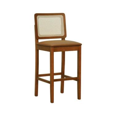 Imagem de Banqueta Alta Bistrô Lyon Encosto Telinha Natural Madeira Maciça Assento Estofado - Amêndoa Corano Caramelo