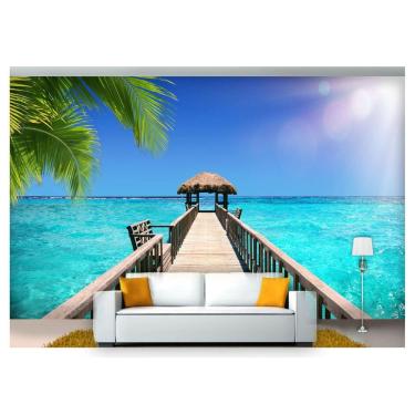 Imagem de Papel De Parede Praia Mar Céu Azul Bangalô 3D Npr209