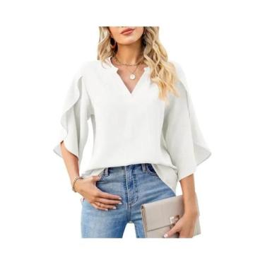 Imagem de Blusa Feminina De Verão Em Chiffon Com Decote Em V, Manga Larga Casual