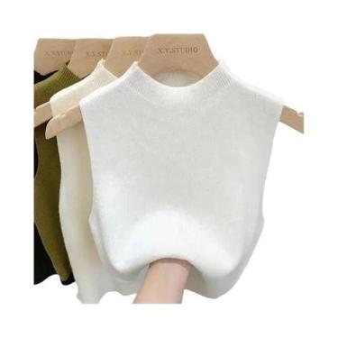 Imagem de Colete De Tricô Feminino Sem Mangas Com Gola Alta E Top Cropped Para P