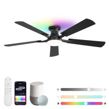 Imagem de ZMISHIBO Ventoinhas de teto inteligentes de 52 polegadas com luzes RGB, ventilador de teto de baixo perfil com Alexa/App/controle remoto, luz LED regulável de 20 W, ventilador moderno preto para sala