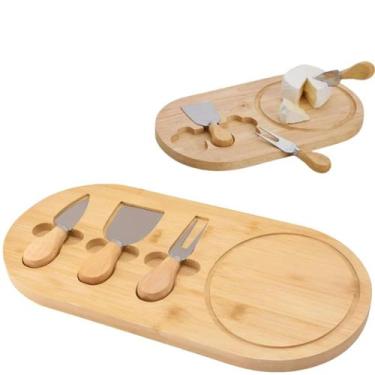 Imagem de Conjunto Queijos Gourmet 3 Peças Tábua Madeira Com Facas Inox Elegante