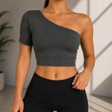 Imagem de Cropped Feminino Um Ombro Só Manga Curta Barra Liso Academia Fitness S