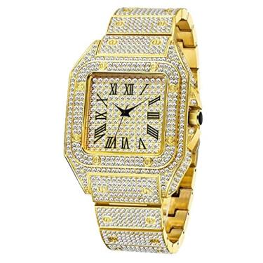Imagem de ICEDIAMOND 40mm Iced Out Fashion Square Tank Style Relógio de Pulso de Quartzo para Homens, Micro Pave Full Bling CZ Lab Mostrador Diamante com Banda de Aço Inoxidável (Gold)