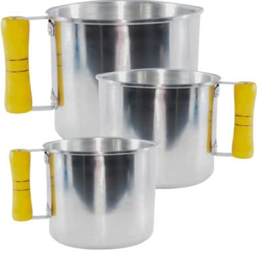 Imagem de Jogo Leiteira Canecão Em Aluminio E Cabo De Madeira 3 Canecões Ideais para Sua Cozinha Pratico Fácil Lavar Fervedor de Leite Agua Bebidas Quentes Kit Caneca Em Alumínio 3 Tamanhos