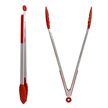 Imagem de UPTALY Pinças de churrasco extra longas de 45 cm com cabeças de silicone (2 peças vermelhas), pinça de grelha de aço inoxidável com alça longa, pinça de comida de tamanho grande, pinças de cozinha alongadas, pinça estendida