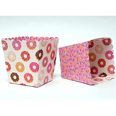 Imagem de Caixas de lanche para lembrancinhas de festa donut Grow Up para artigos de festa de aniversário de crianças, chás de bebê, duas doces celebrações, granulados, eventos escolares. Conjunto de 12 caixas de pipoca recortadas reversíveis