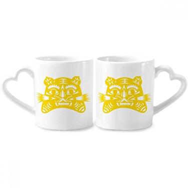 Imagem de Ano de Tigre Animal China Zodíaco Casal Conjunto de canecas de porcelana Cerâmica Amante Copo Punho Coração